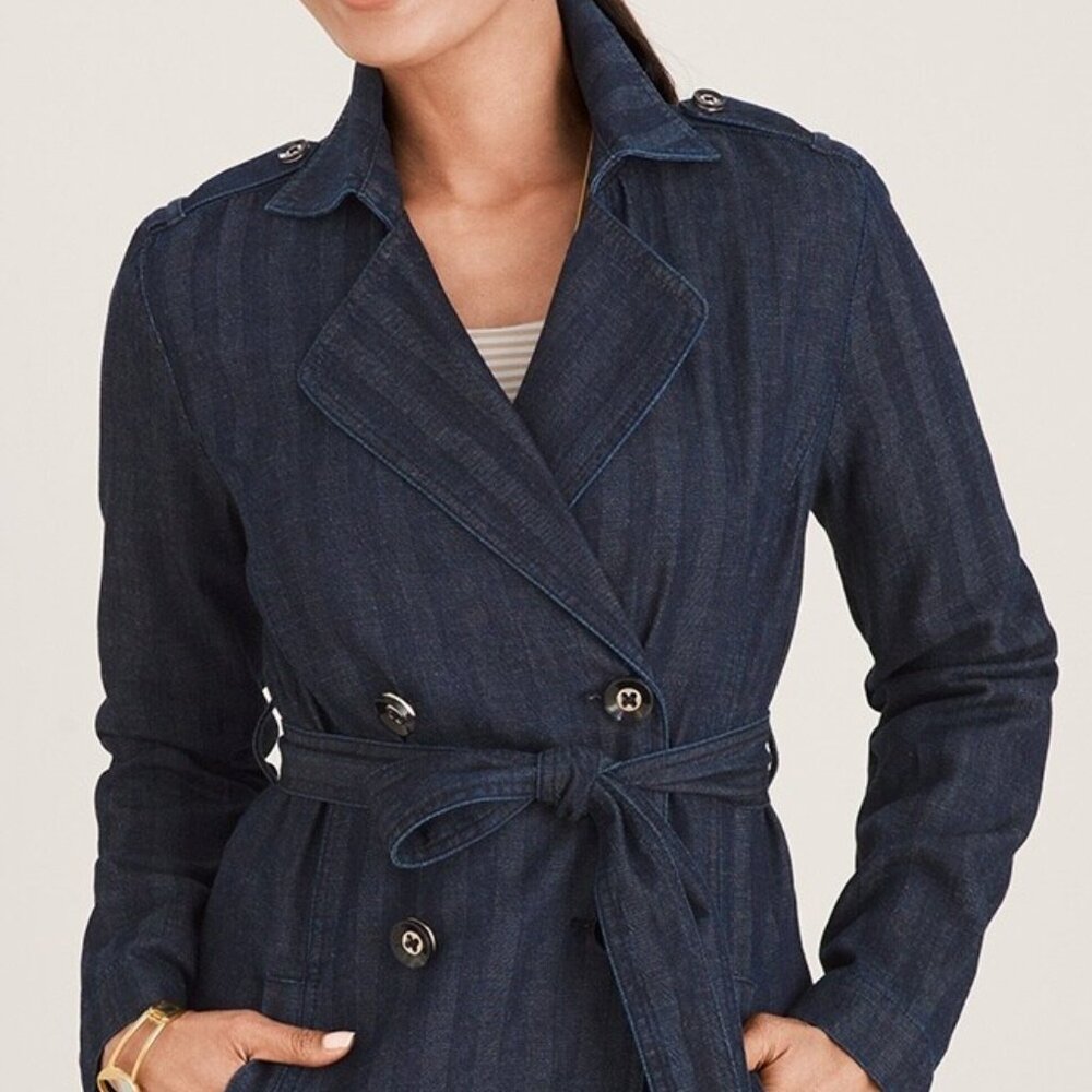 Chico’s  Denim Trench Coat Jacket Cotton Linen L - Picture 4 of 12